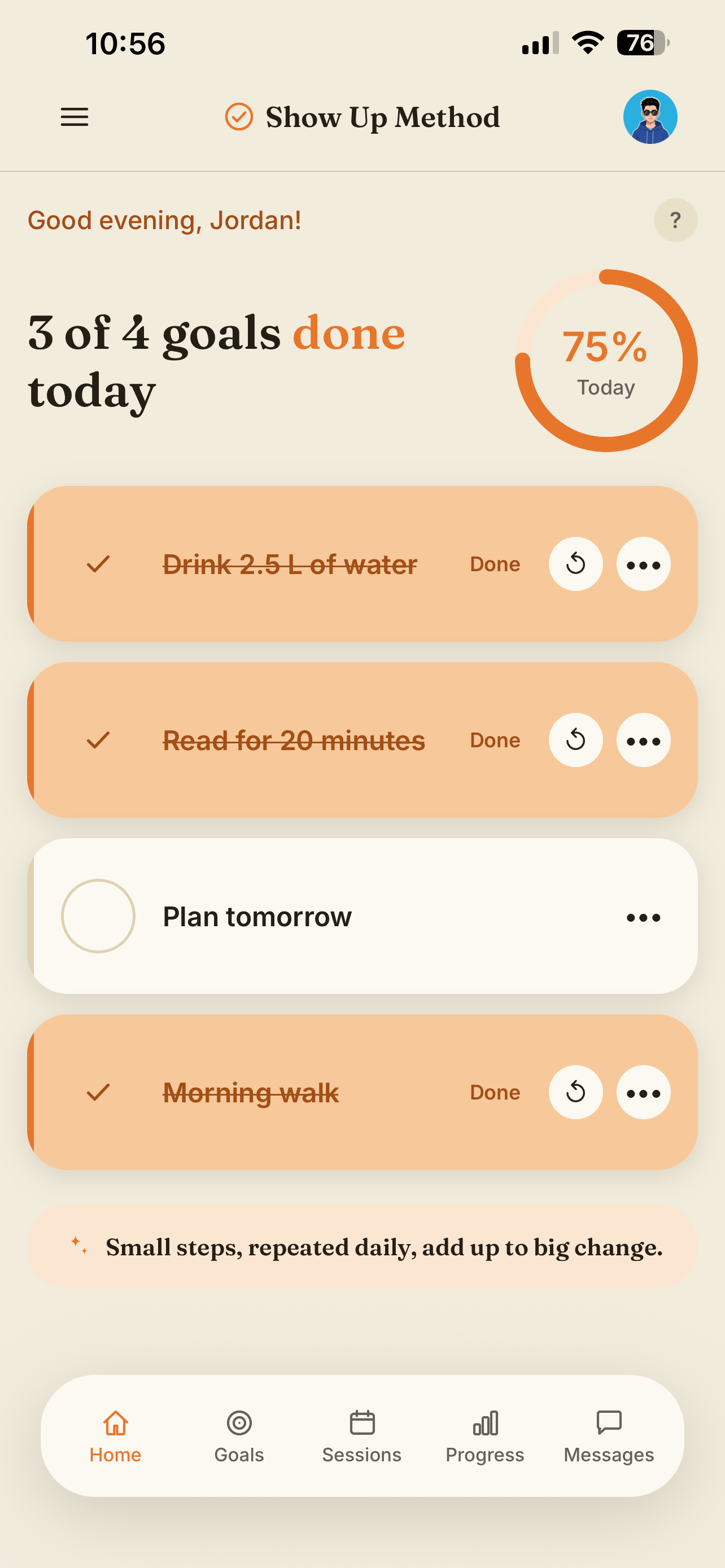 Daily check-in screen with three of four goals completed and 75 percent progress today.