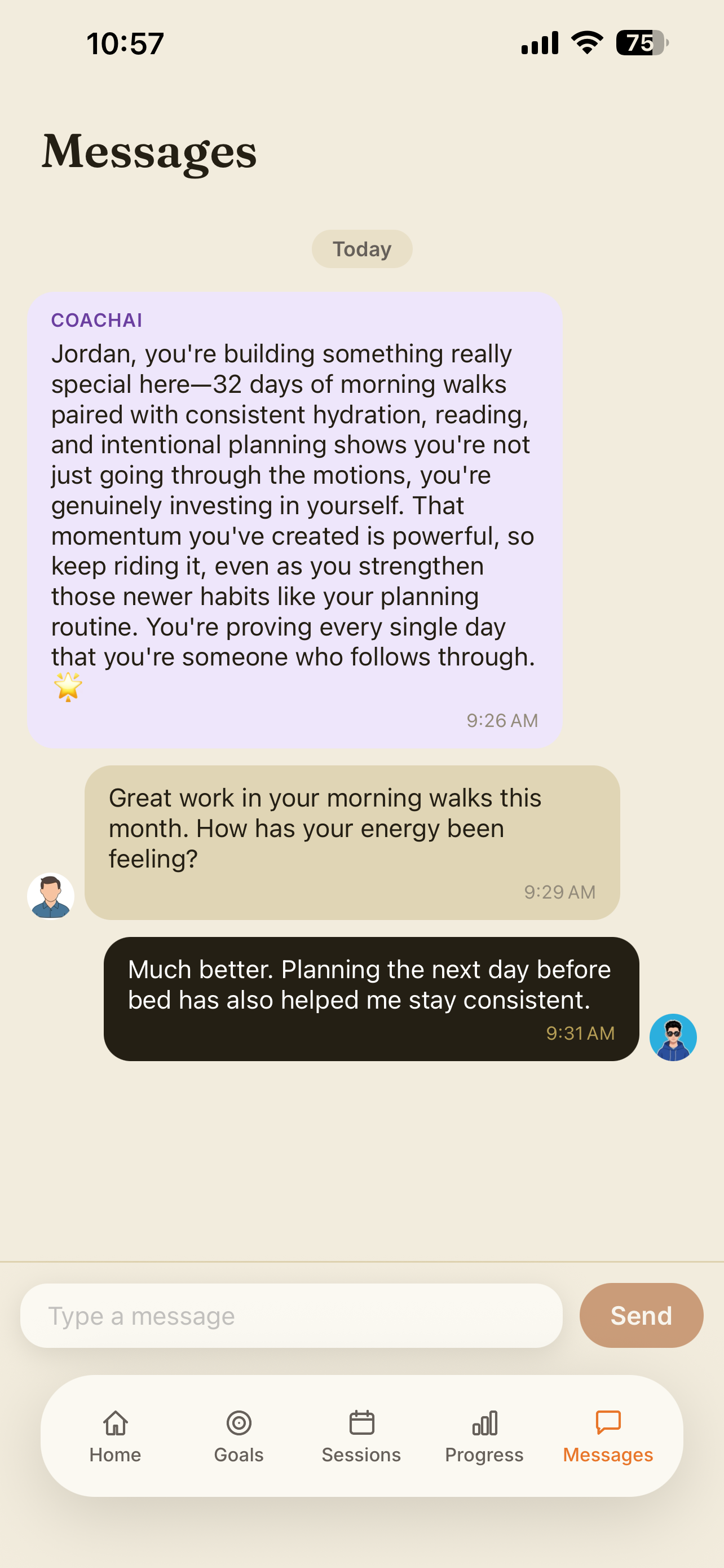 Messages screen with a CoachAI encouragement message and a conversation with a coach.