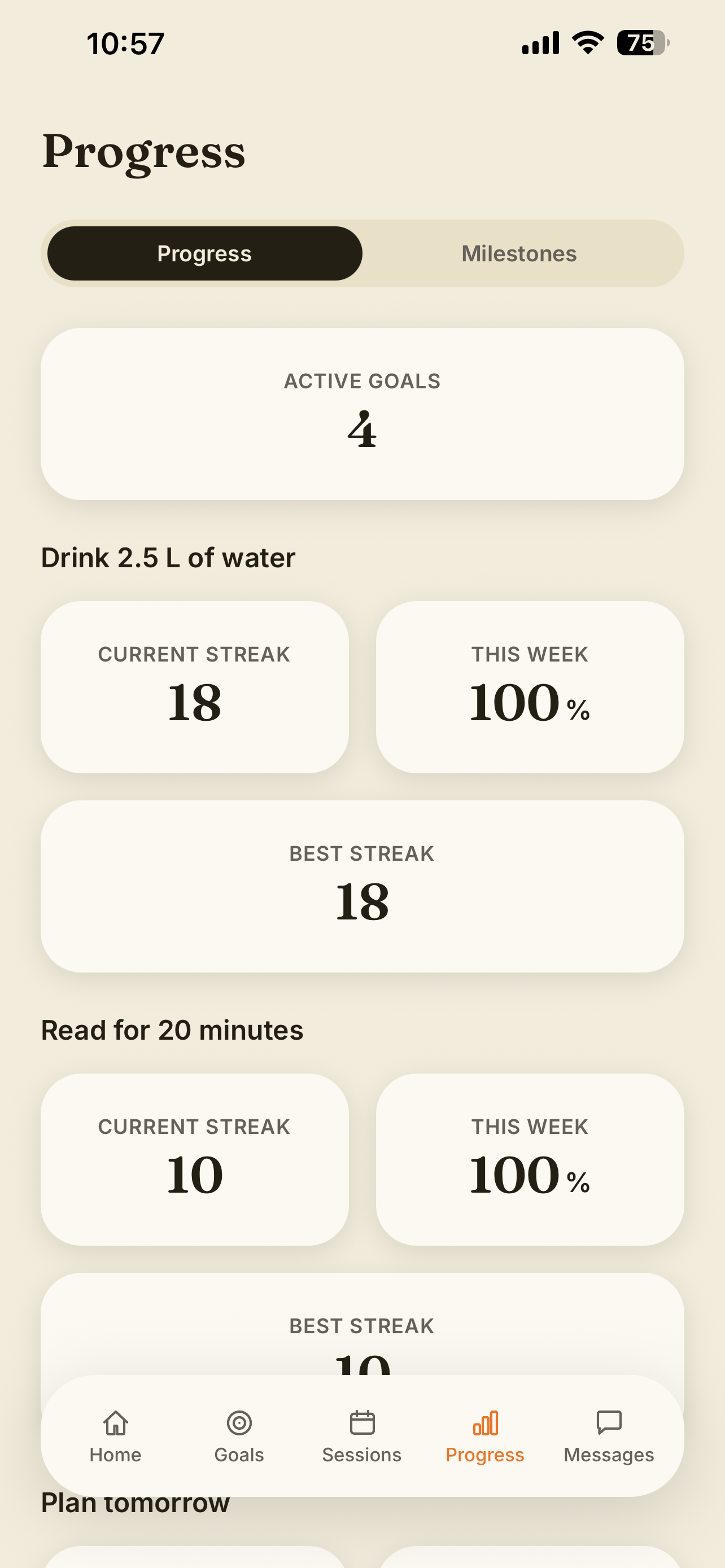 Progress screen showing active goals, current and best streaks, and weekly completion.