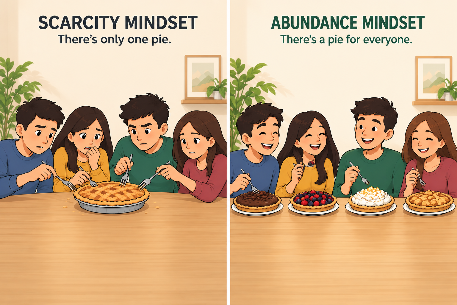 Scarcity mindset: four friends worry over one shared pie. Abundance mindset: each friend happily enjoys their own pie.